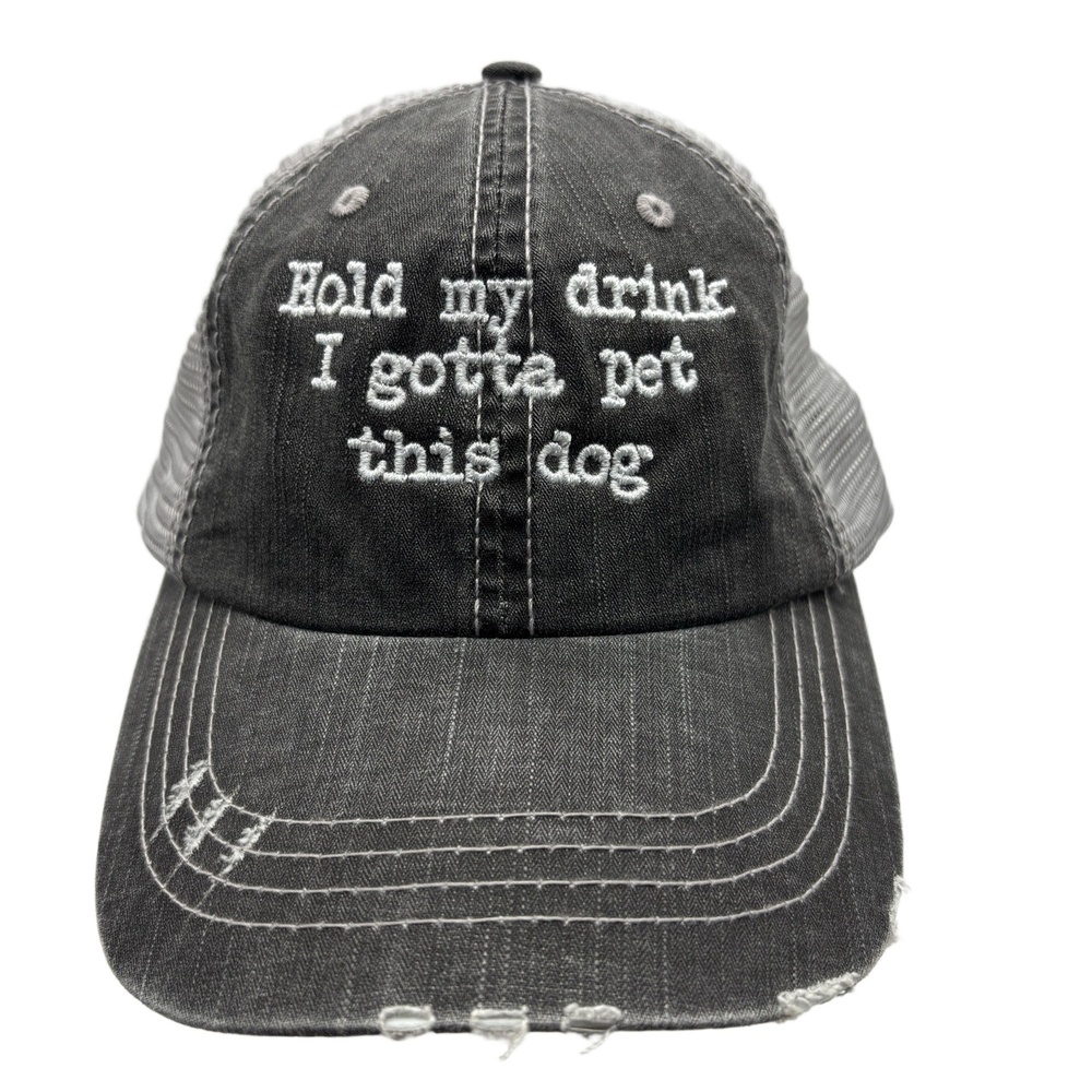 Hold My Drink I Gotta Pet This Dog Trucker Hat Distressed Mesh Back Cap